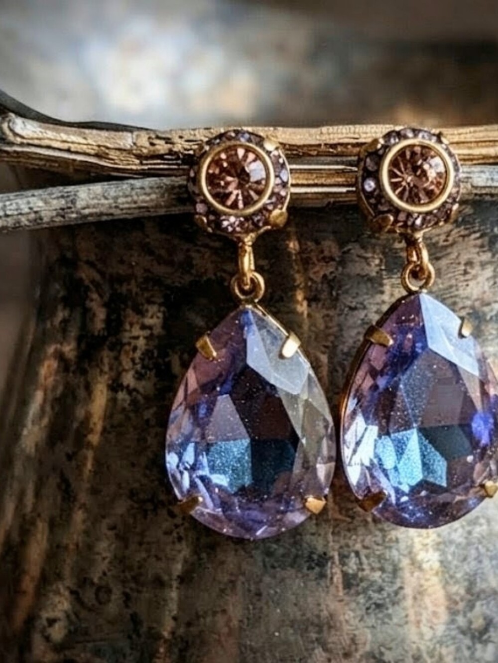 Tanzanite Sparkles AB And Purple Flower Swarovski Crystals In Drop Earrings